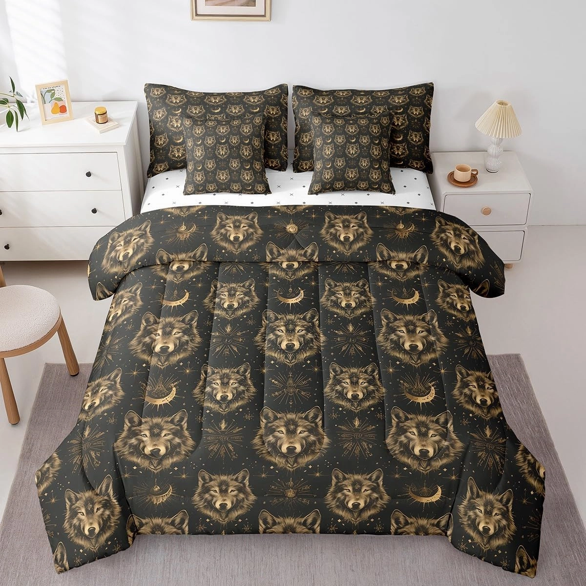 Feelyou Black Yellow Wolf Queen Comforter Set with Sheets Kids Flower Bed in a Bag for Boys Girls Teens Wolves Howling 7 Pieces Bedding Set Animal Wolves Bed Set Mountain Moon Wolf