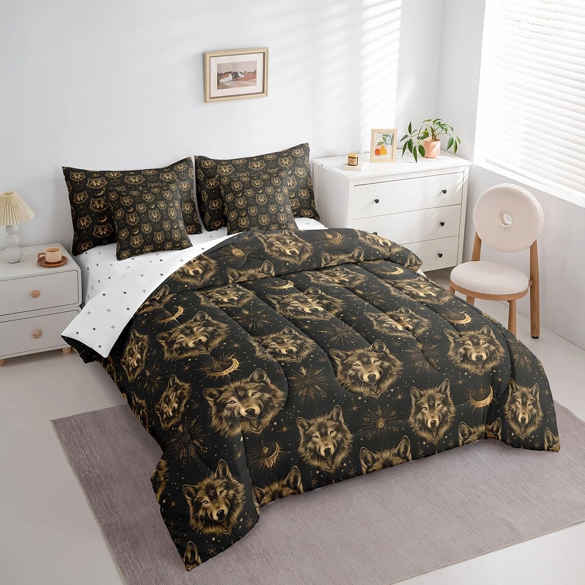 Feelyou Black Yellow Wolf Queen Comforter Set with Sheets Kids Flower Bed in a Bag for Boys Girls Teens Wolves Howling 7 Pieces Bedding Set Animal Wolves Bed Set Mountain Moon Wolf