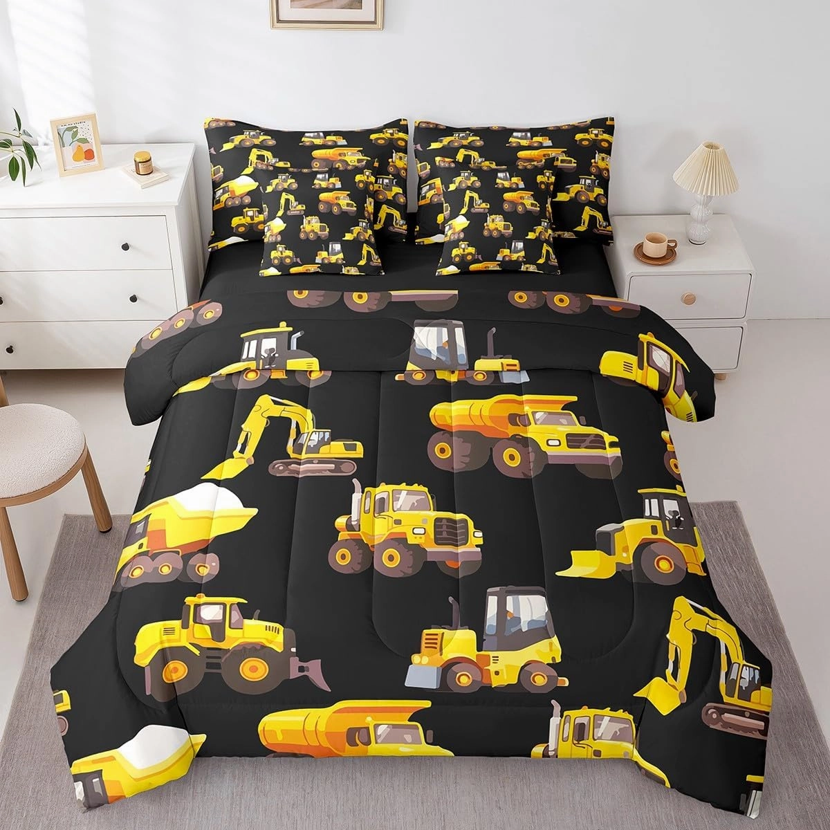 Feelyou Excavator Bed Set Boys Girls Twin Size Construction Site Cars 7 Pieces Beeding Set Ultra Soft Cartoon Car Bed in a Bag with Comforter, Sheets, Pillowcases Tractor Room Decor