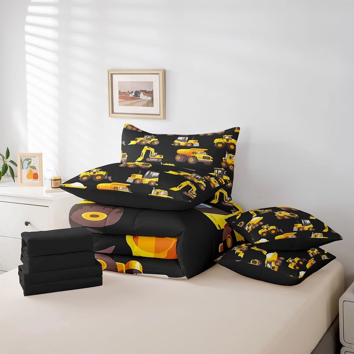 Feelyou Excavator Bed Set Boys Girls Twin Size Construction Site Cars 7 Pieces Beeding Set Ultra Soft Cartoon Car Bed in a Bag with Comforter, Sheets, Pillowcases Tractor Room Decor