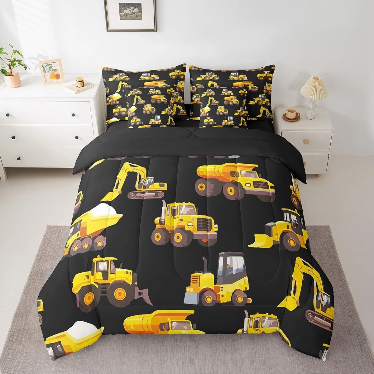 Feelyou Excavator Bed Set Boys Girls Twin Size Construction Site Cars 7 Pieces Beeding Set Ultra Soft Cartoon Car Bed in a Bag with Comforter, Sheets, Pillowcases Tractor Room Decor
