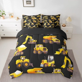 Feelyou Excavator Bed Set Boys Girls Twin Size Construction Site Cars 7 Pieces Beeding Set Ultra Soft Cartoon Car Bed in a Bag with Comforter, Sheets, Pillowcases Tractor Room Decor