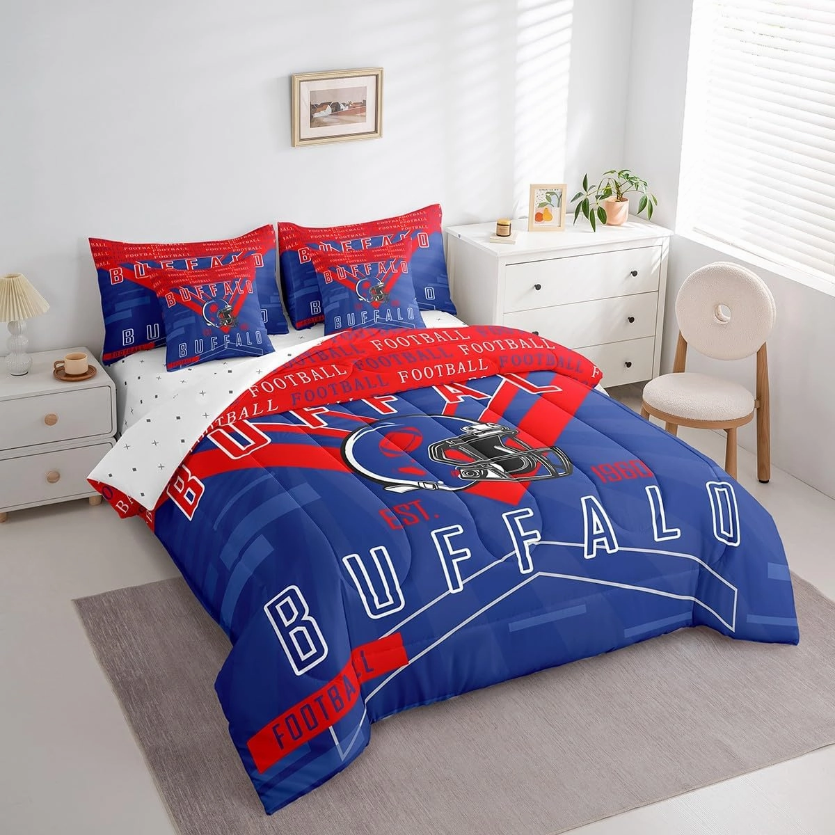 Feelyou Football 7 Pieces Comforter Sets Twin Size Buffalo Bedding Set for All Season Gifts for Football Fans Football City Bed in a Bag with Comforter, Sheets, Pillowcases & Cushion Cover
