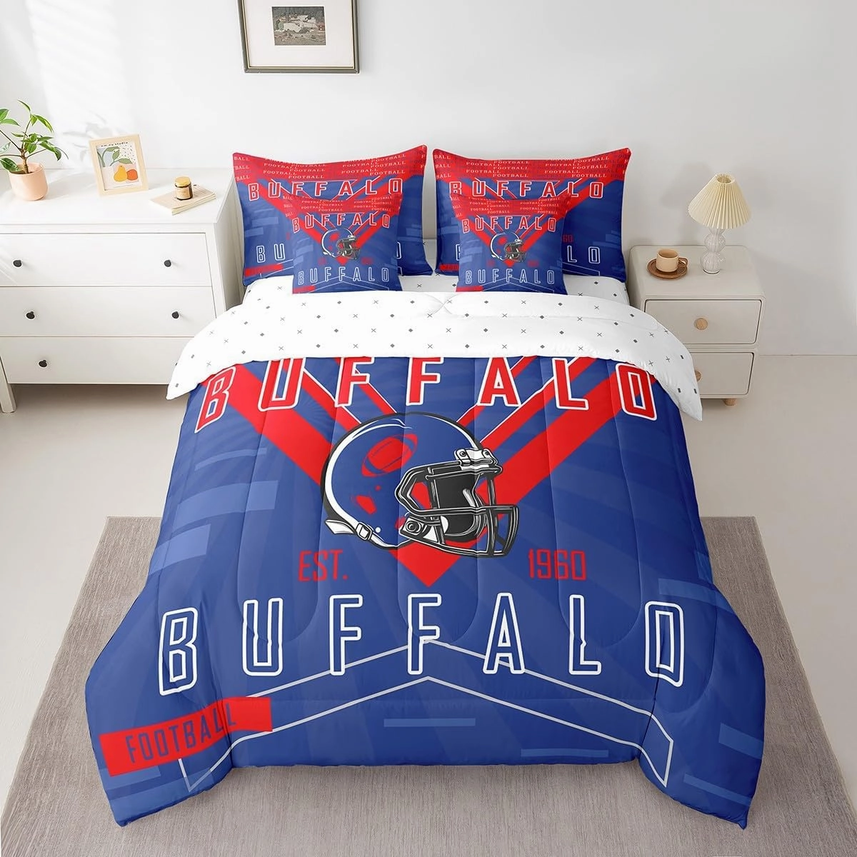 Feelyou Football 7 Pieces Comforter Sets Twin Size Buffalo Bedding Set for All Season Gifts for Football Fans Football City Bed in a Bag with Comforter, Sheets, Pillowcases & Cushion Cover