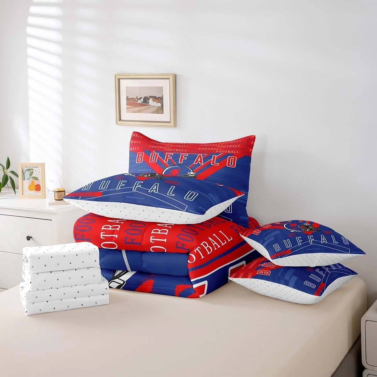 Feelyou Football 7 Pieces Comforter Sets Twin Size Buffalo Bedding Set for All Season Gifts for Football Fans Football City Bed in a Bag with Comforter, Sheets, Pillowcases & Cushion Cover