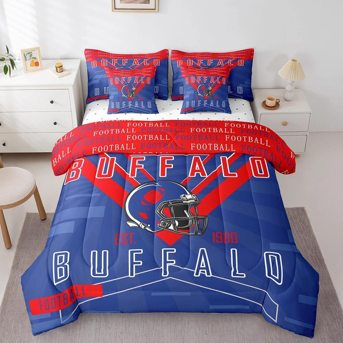 Feelyou Football 7 Pieces Comforter Sets Twin Size Buffalo Bedding Set for All Season Gifts for Football Fans Football City Bed in a Bag with Comforter, Sheets, Pillowcases & Cushion Cover