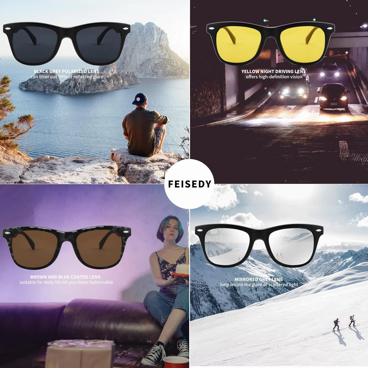 FEISEDY Magnetic Clip on Sunglasses TR90 Frame TAC 5pcs Replacement Lens Set Sunglasses for Men Women B2884