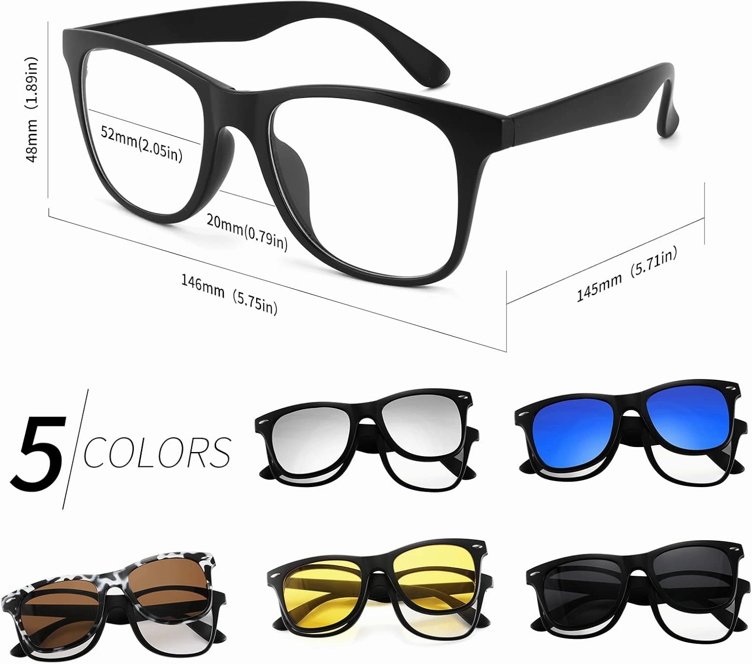 FEISEDY Magnetic Clip on Sunglasses TR90 Frame TAC 5pcs Replacement Lens Set Sunglasses for Men Women B2884