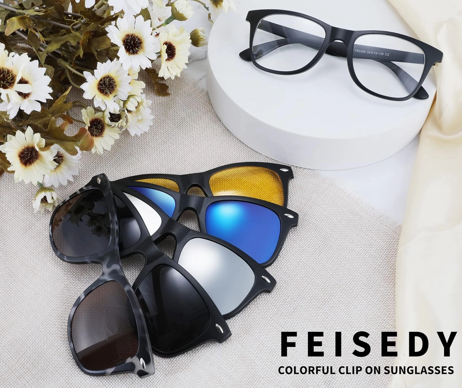 FEISEDY Magnetic Clip on Sunglasses TR90 Frame TAC 5pcs Replacement Lens Set Sunglasses for Men Women B2884