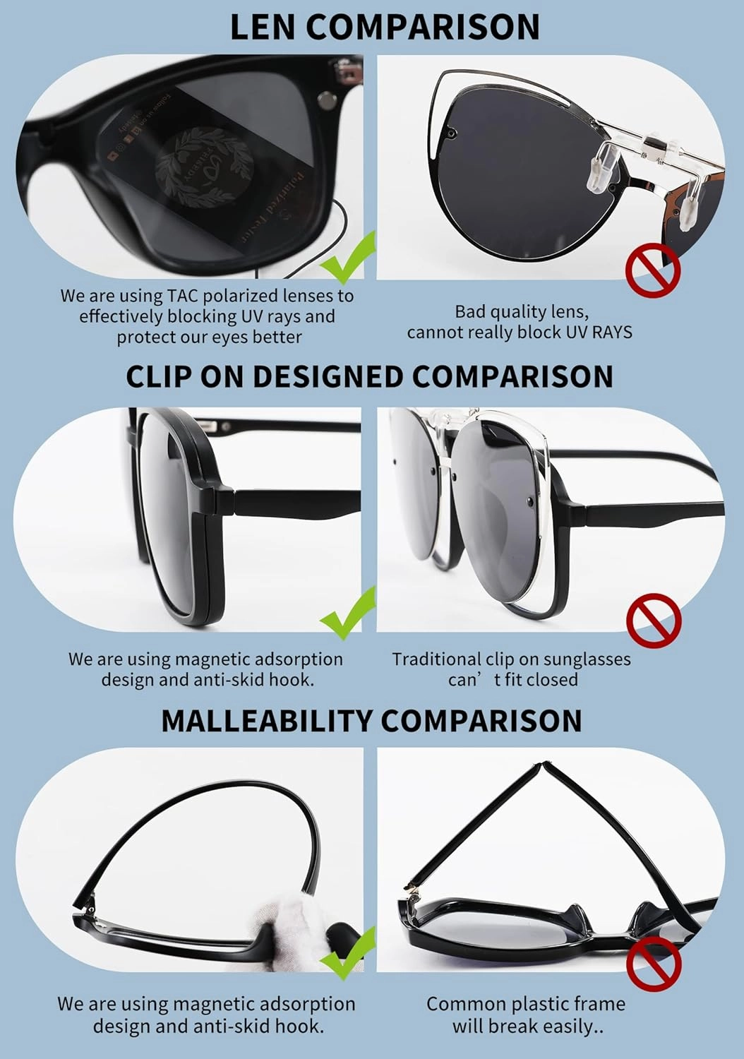 FEISEDY Magnetic Clip on Sunglasses TR90 Frame TAC 5pcs Replacement Lens Set Sunglasses for Men Women B2884
