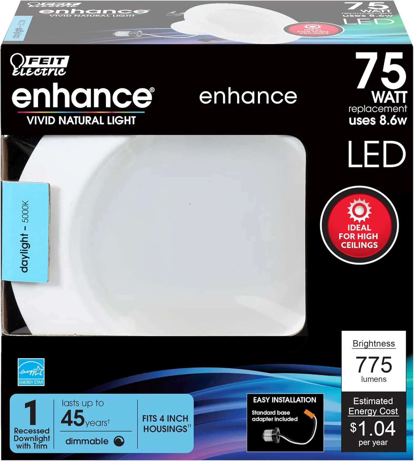 Feit Electric 4 Inch LED Recessed Lighting Retrofit Downlight - Pre-Mounted Trim - Standard Base Adapter - 5000K Daylight - Dimmable- 75W Equivalent - High Output, 6 Pack - LEDR4HO/950CA/6