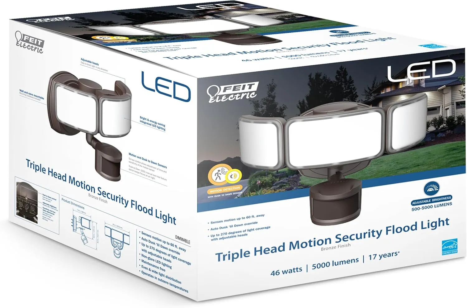 Feit Electric LED Security Light with Motion Sensor and Dusk to Dawn, Outdoor 46W Flood Light, Adjustable 3 Head, Wall Mount, 5000 Lumens, 5000k Daylight, Hardwired, Black S10.5TFL/850/MOT/BZ