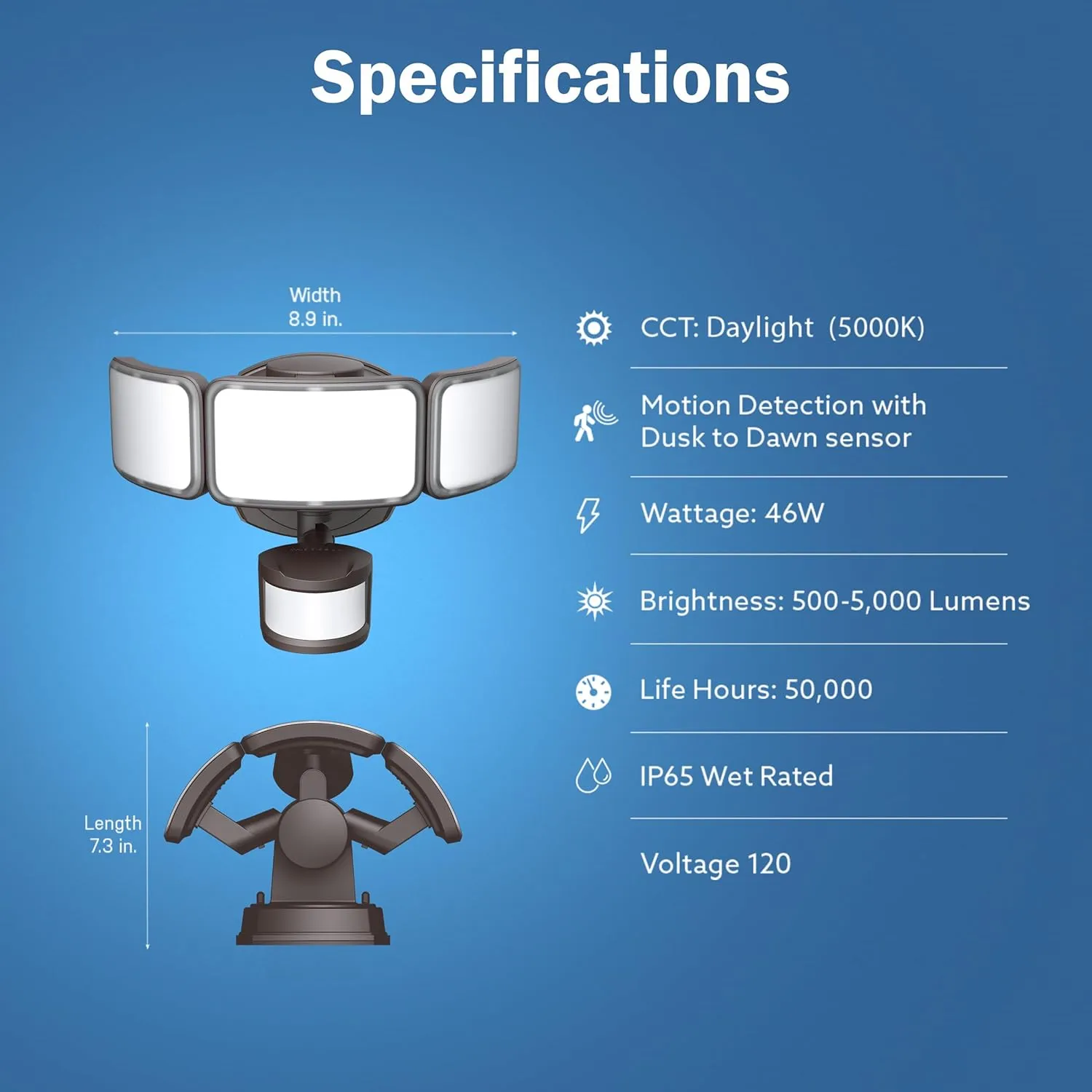 Feit Electric LED Security Light with Motion Sensor and Dusk to Dawn, Outdoor 46W Flood Light, Adjustable 3 Head, Wall Mount, 5000 Lumens, 5000k Daylight, Hardwired, Black S10.5TFL/850/MOT/BZ