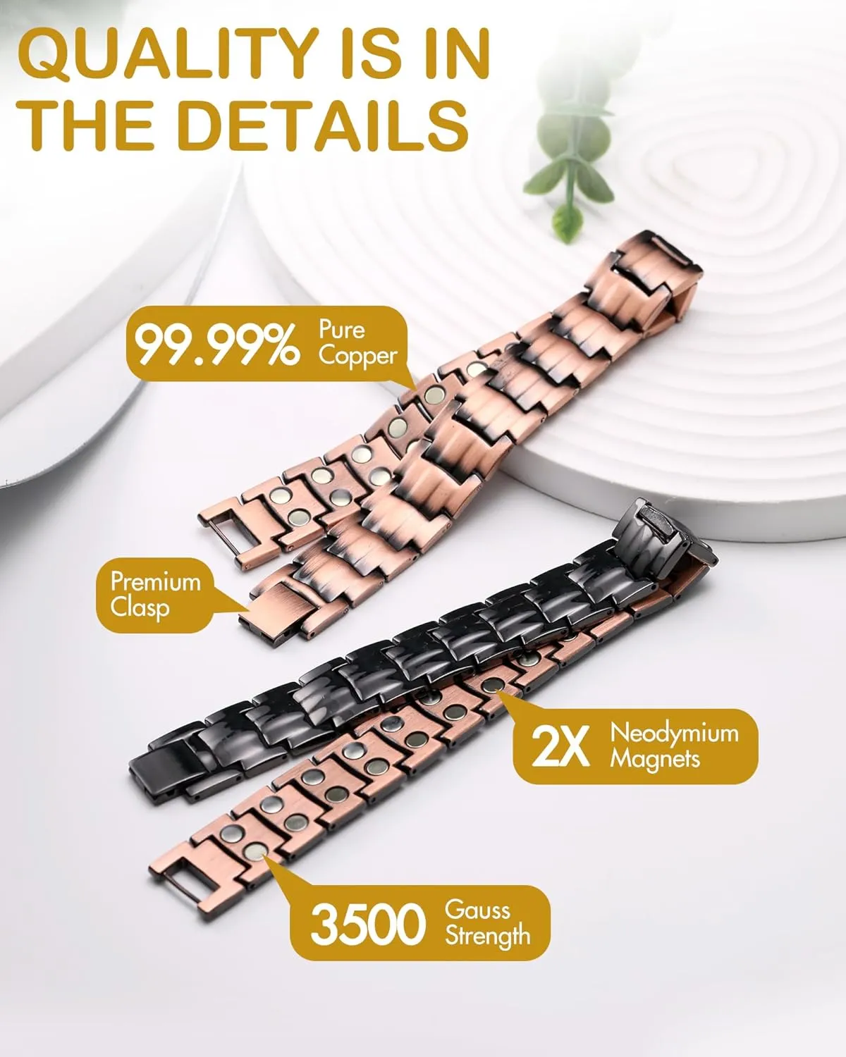 Feraco Men's Copper Magnetic Bracelet Elegant 99.99% Solid Copper Bracelets with Double-Row Strong Magnets,Magnetic Jewelry