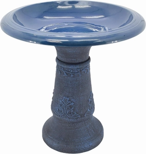 Fiberclay Bird Bath Outdoor Garden Decor, Antique Vintage Weather Resistant Water Bowl for Backyard and Patio and, 20-inch Tall, Blue