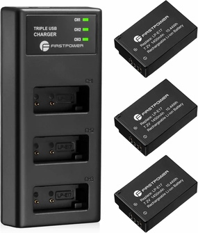 FirstPower LP-E17 Battery 3-Pack and Triple Slot Charger for Canon EOS RP R8 R10 R50 R100, Rebel T8i, T7i, T6i, T6s, SL2, SL3, EOS M3, M5, M6, 77D, 200D, 750D, 760D, 800D, 8000D Camera