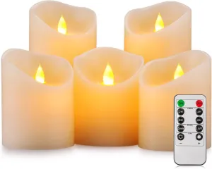 Flameless Candles, Flickering Moving Flame LED Candles Set of 5 (Size: D: 3" x H: 4"/4"/4"/6"/6") Pillar Realistic Real Wax Battery Operated Candles with Remote Control 2 4 6 8 Hours Timer