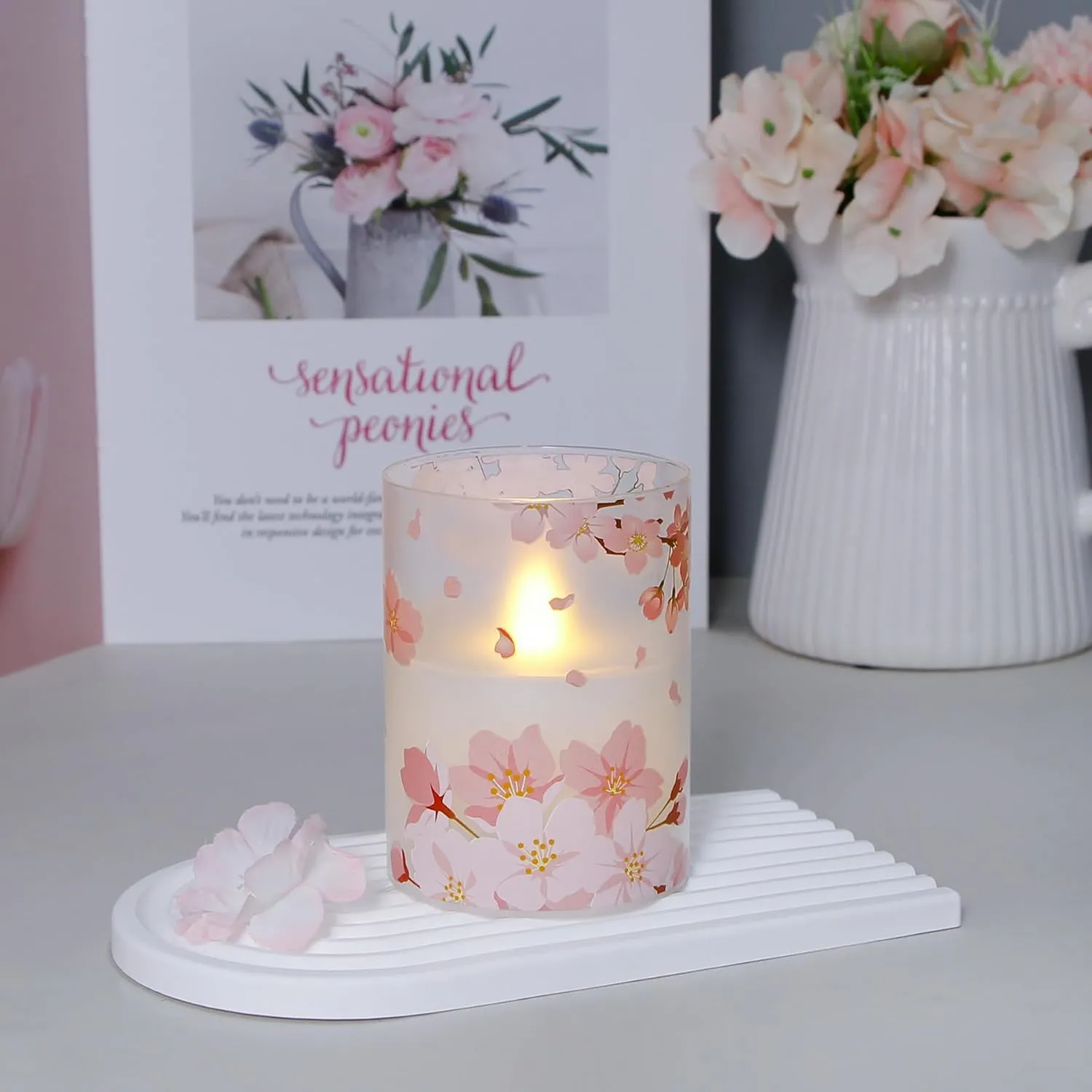 Flameless Flickering Glass Candles with Remote and Timer,Cherry Blossoms LED Battery Operated Real Wax Set of 3 Realistic Wick Electric Pillar Candles,Warm Fire(3 x 4, 5, 6 Inches)