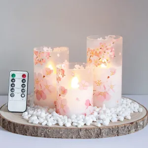 Flameless Flickering Glass Candles with Remote and Timer,Cherry Blossoms LED Battery Operated Real Wax Set of 3 Realistic Wick Electric Pillar Candles,Warm Fire(3 x 4, 5, 6 Inches)