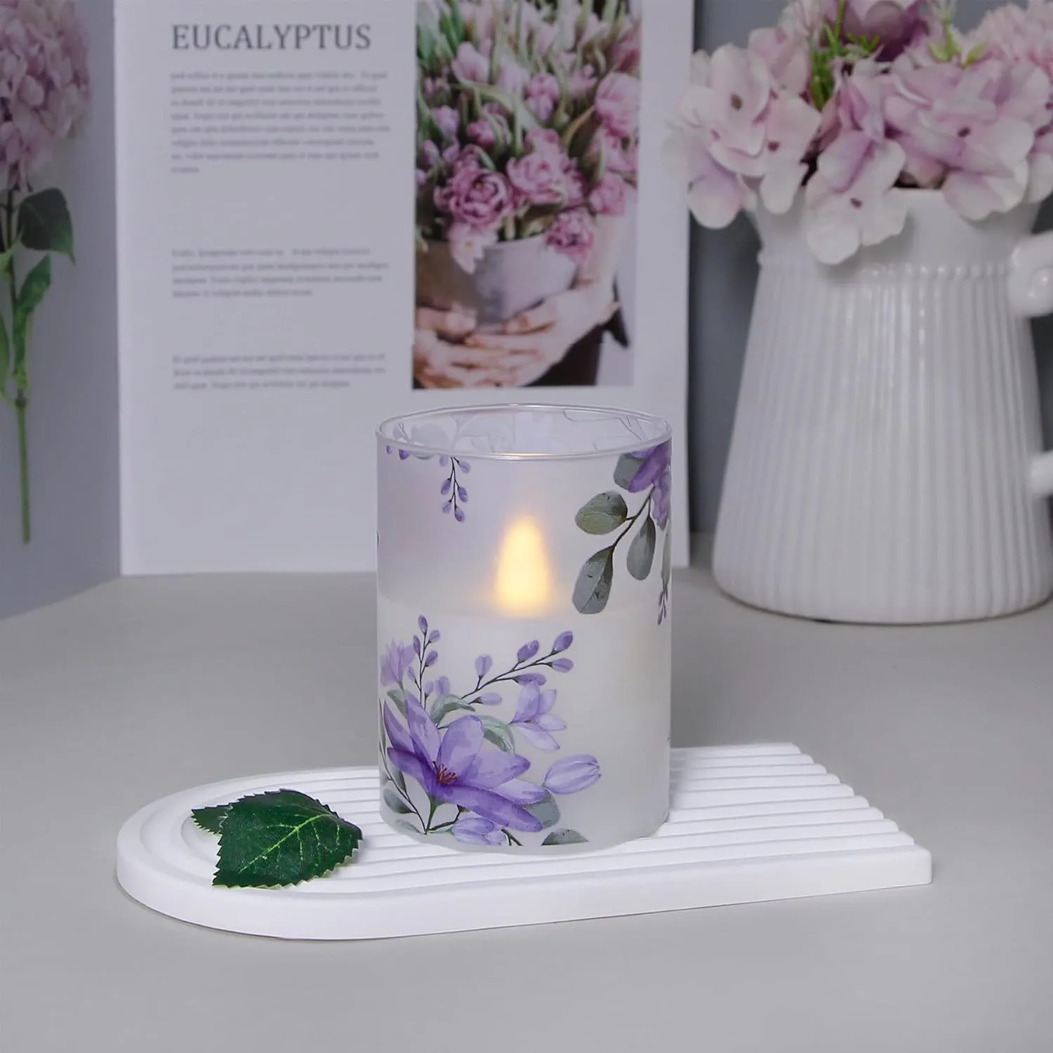 Flameless Flickering Glass Candles with Remote and Timer,Purple Flowers LED Battery Operated Real Wax Set of 3 Realistic Wick Electric Pillar Candles,Warm Fire(3 x 4, 5, 6 Inches)