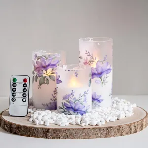 Flameless Flickering Glass Candles with Remote and Timer,Purple Flowers LED Battery Operated Real Wax Set of 3 Realistic Wick Electric Pillar Candles,Warm Fire(3 x 4, 5, 6 Inches)