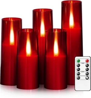 Flameless LED Candles, Upgraded Realistic Flickering Flame Battery Operated Candles with Remote Timer, Acrylic Electric Set of 5 for Romantic Ambiance and Home Decoration（Red）
