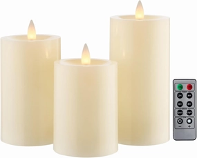 Flameless Pillar Candles Flickering with Remote Timer, Battery Operated LED Candles Up to 400 Hours, 3D Moving Flame Real Wax Candles, Set of 3, D3 x H4, 5", 6",Remote Included(Ivory)