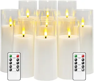 Flickering Flameless Candles Battery Operated with Remote and 2/4/6/8 H Timer Plexiglass Led Pillar Candles Pack of 9 (D2.3"xH 5"6"7")with Realistic Moving Wick Candles for Home Decor(White)