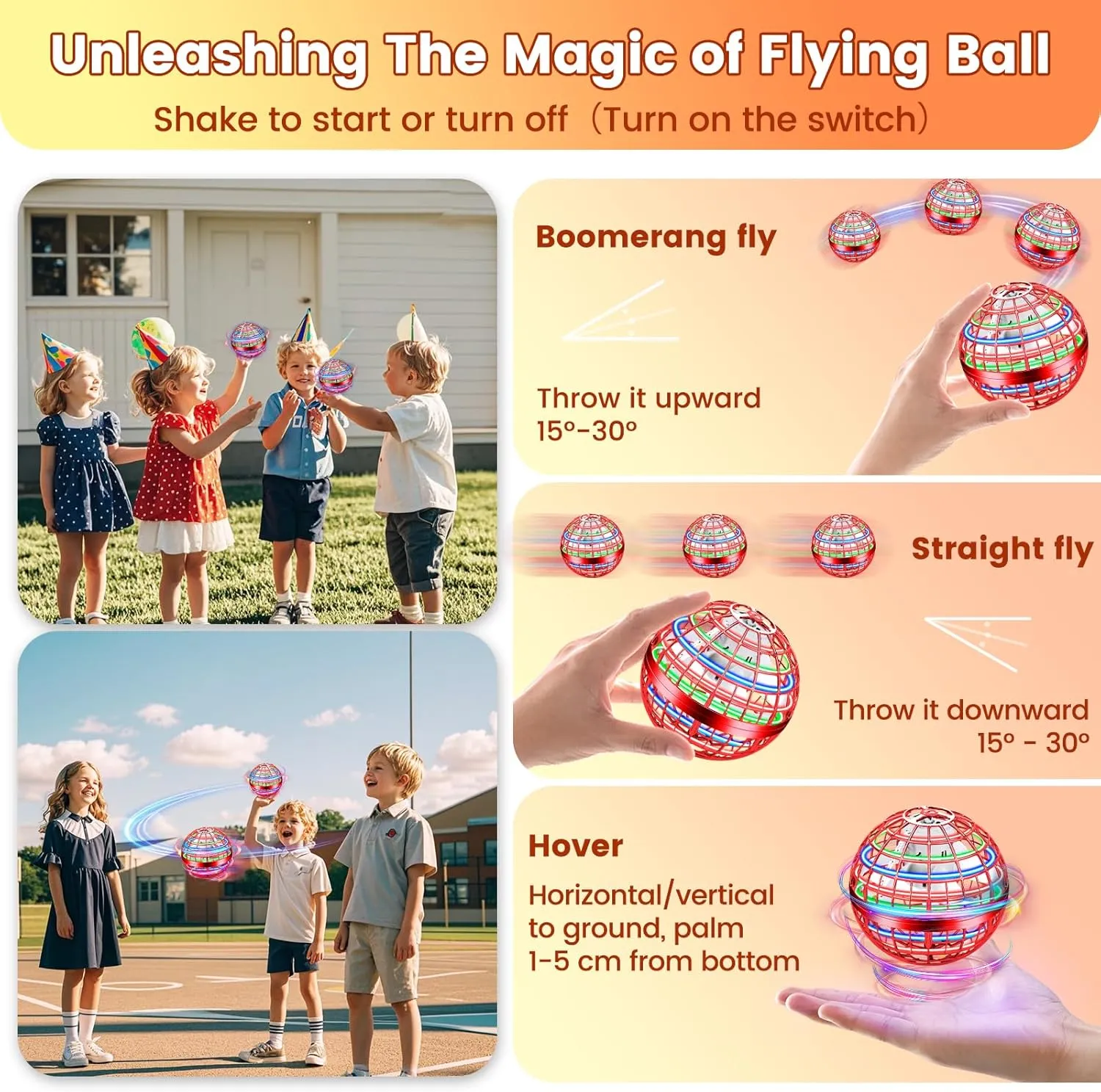 Flying Orb Ball Toy, Hand Controlled Hover Ball with LED Lights, 360° Rotating Boomerang Globe, Cool Mini Drone Spinner for Kids, Ideal Birthday & Festival Gift for Boys and Girls -Bright Red