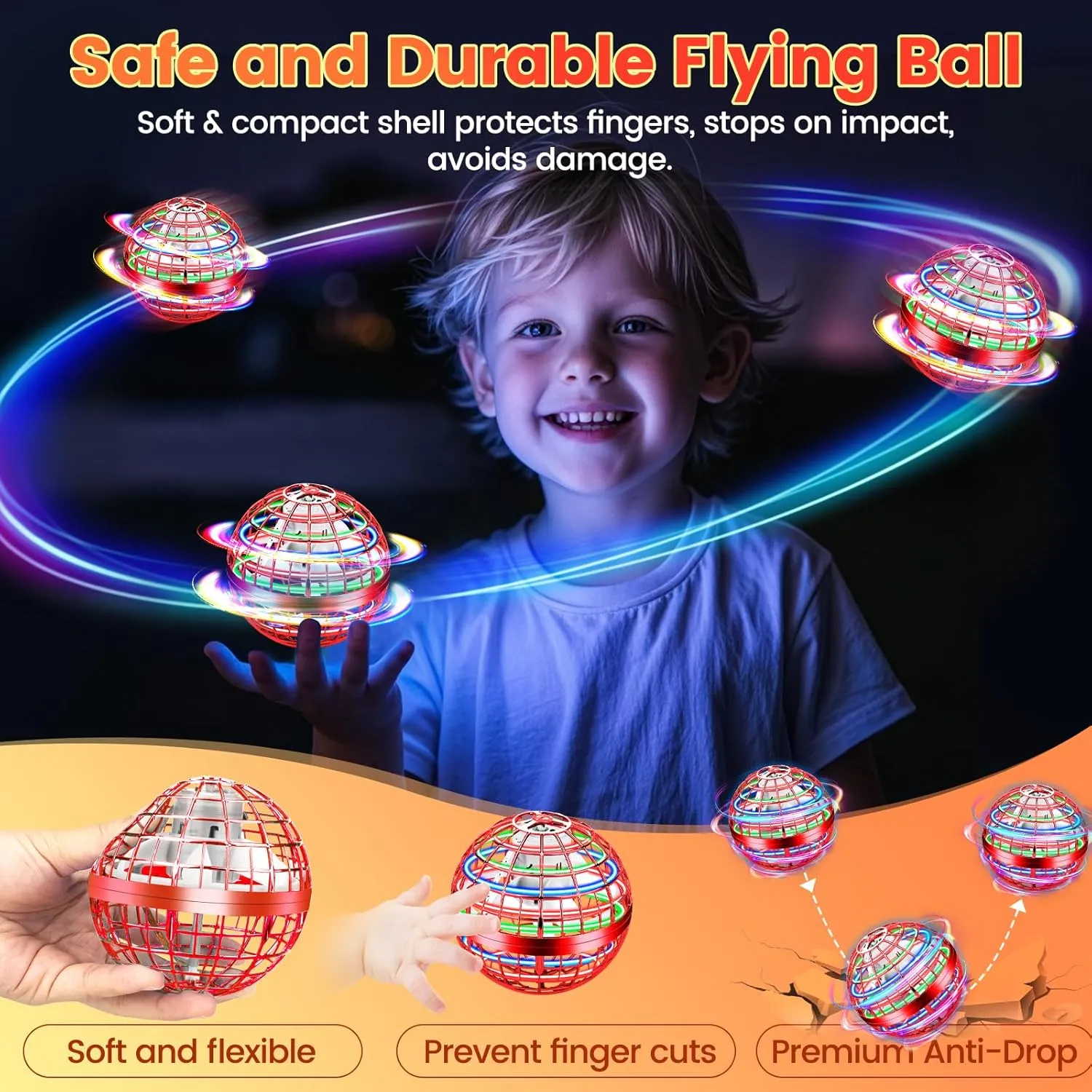 Flying Orb Ball Toy, Hand Controlled Hover Ball with LED Lights, 360° Rotating Boomerang Globe, Cool Mini Drone Spinner for Kids, Ideal Birthday & Festival Gift for Boys and Girls -Bright Red