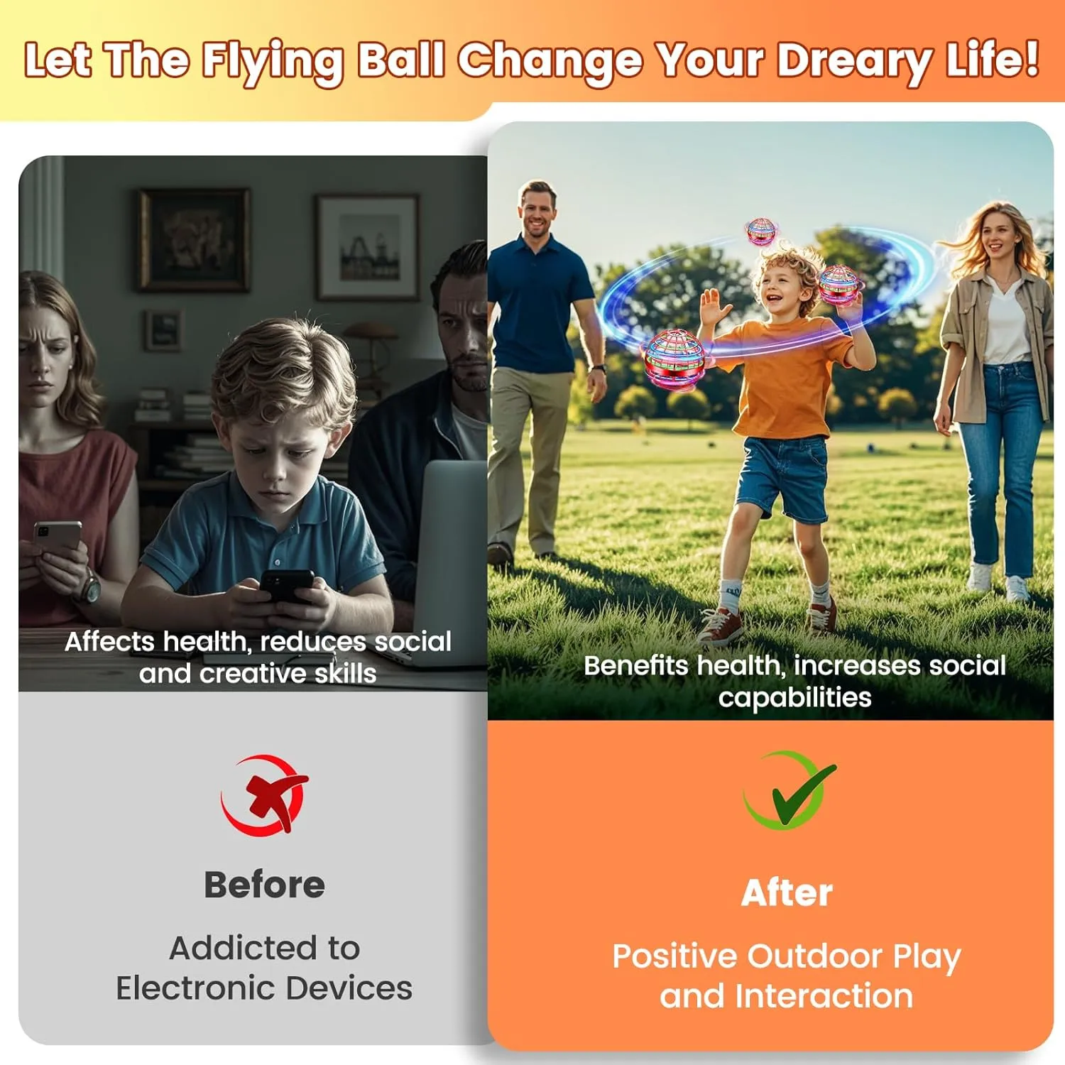 Flying Orb Ball Toy, Hand Controlled Hover Ball with LED Lights, 360° Rotating Boomerang Globe, Cool Mini Drone Spinner for Kids, Ideal Birthday & Festival Gift for Boys and Girls -Bright Red