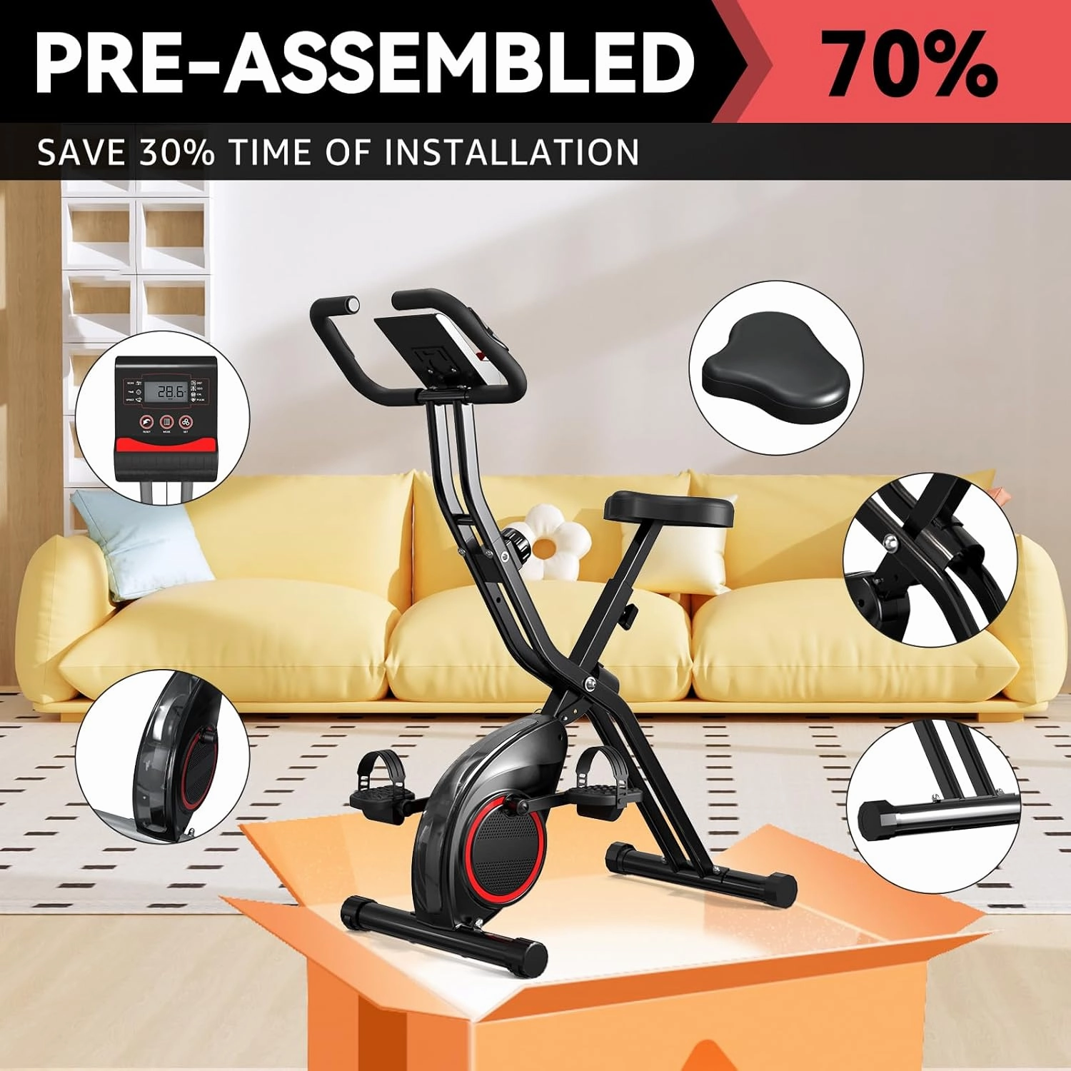 Foldable Exercise Bike for Small Apartments, Stationary Bikes for Home, Indoor Portable Cycling Bike with 16-Level Magnetic Resistance, 260LBS Capacity, 5.5 LBS Flywheel, Designed for Small Space Workout 816