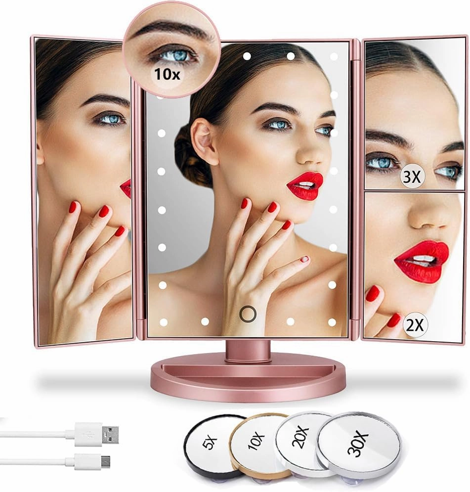 Folding Makeup Mirror, with 2X 3X Magnifying Glass, 180° Adjustable Rotation, Touch Control of Portable Travel Makeup Triangle Mirror (Champagne Gold)