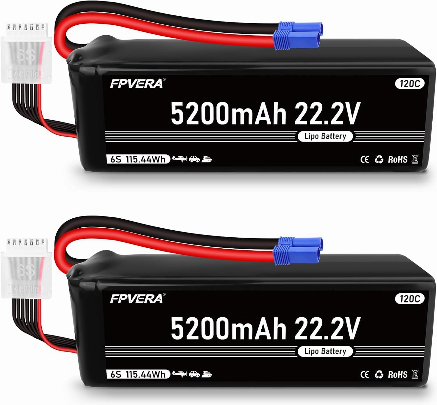FPVERA 6S 5200mAh Lipo Battery 22.2V 120C with EC5 Connector RC Battery for RC Car Truck Airplane Helicopter Quadcopter Boat Drone (2 Packs)
