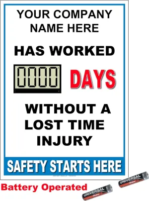 Full Size Digital Safety Scoreboard. Battery operated. 20" X 28". Two lines of wording – FREE! Your company name, city/state or company name and depart., etc.