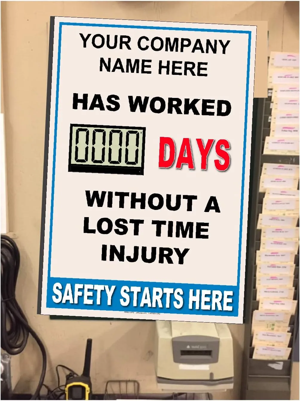 Full Size Digital Safety Scoreboard. Battery operated. 20" X 28". Two lines of wording – FREE! Your company name, city/state or company name and depart., etc.