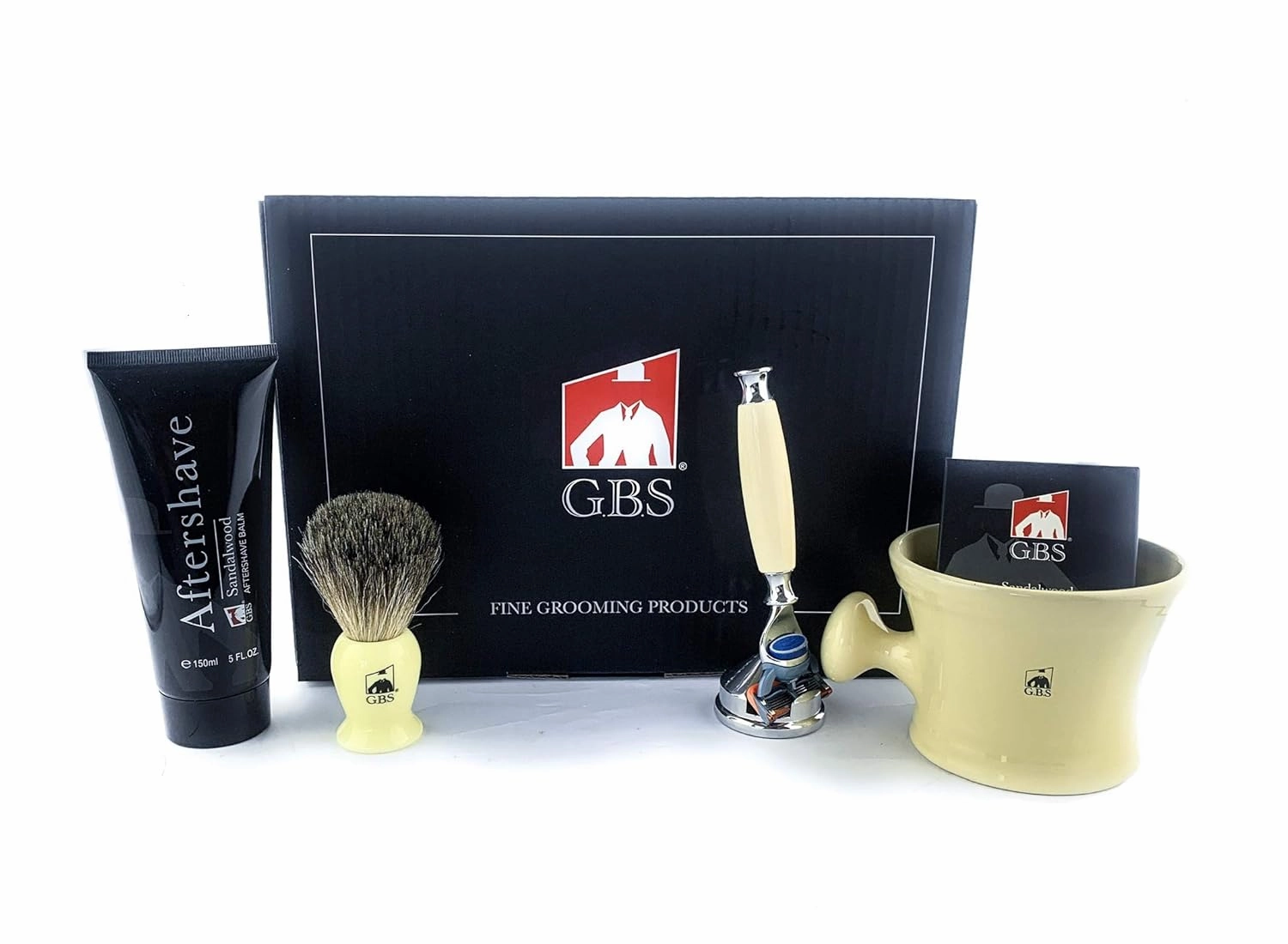 G.B.S Men’s Faux Ivory Shaving Gift Set, 5 Blade Compatible Ivory Handle Razor, Ceramic Ivory Shaving Mug, Shaving Brush, Sandalwood Aftershave, Natural Shaving Soap & Razor Stand Grooming Kit for Men
