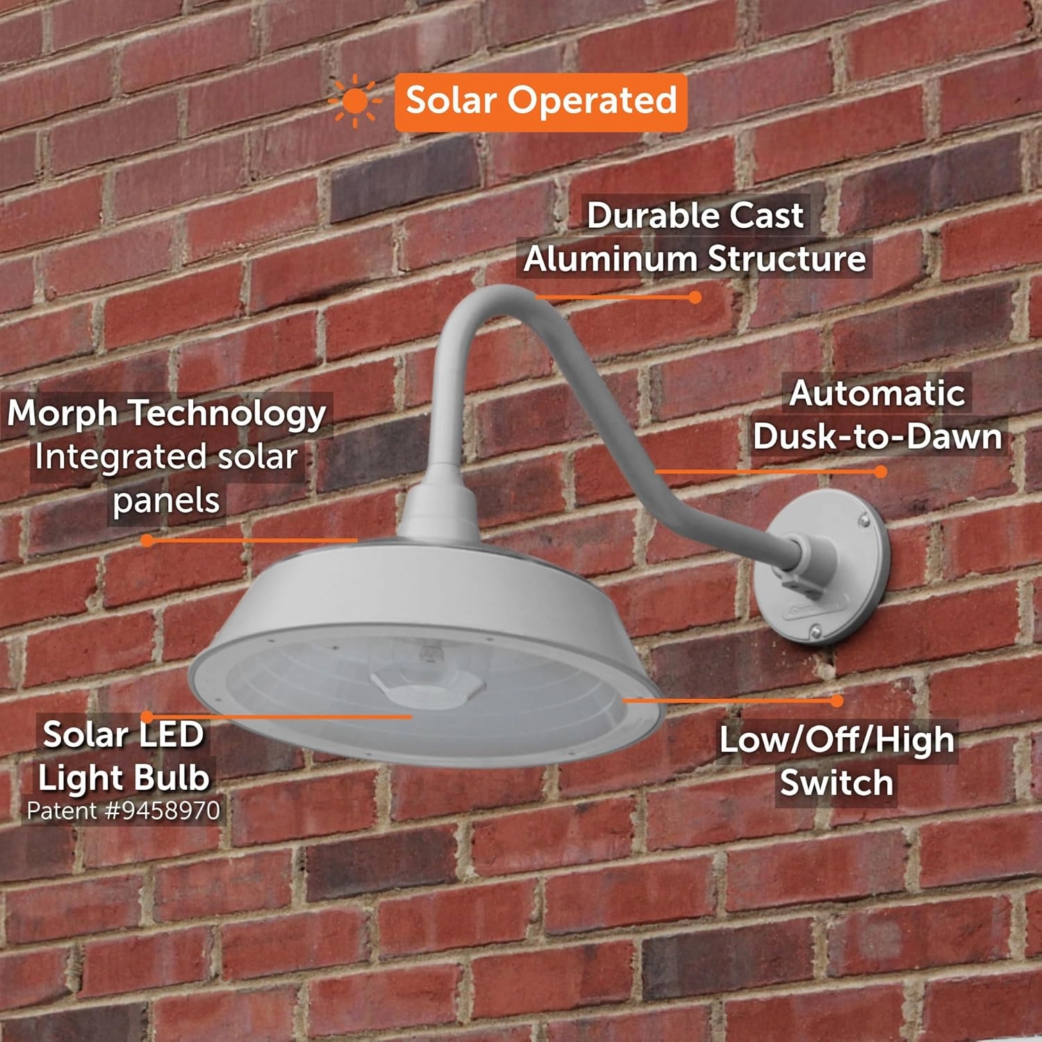 Gama Sonic Solar Barn Light for Outdoors with 14.5” Metal Dome Lamp, Bright 250-Lumen LED, Wall-Mount Gooseneck, Dusk-to-Dawn, Warm White 2700K, Aluminum, Integrated Solar Panels, Waterproof (Grey)