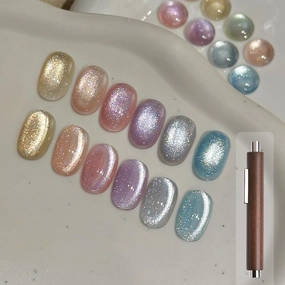 GAOY 16ml 6 Colors Glitter Cat Eye Gel Nail Polish Set with 3-in-1 Magnet, Silver Pink Blue Holographic Sparkle Colors Gel for Nail Art DIY at Home, Gleaming Jewels