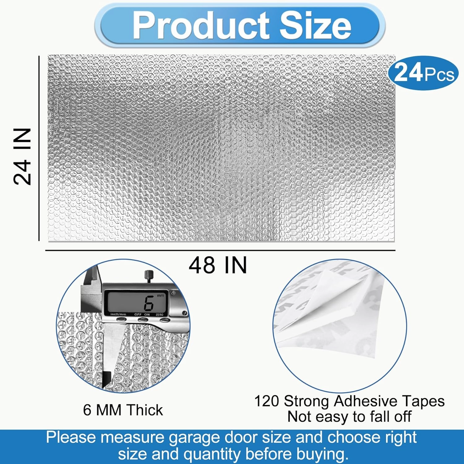 Garage Door Insulation Kit 24P Double Bubble Window Heat Insulation Panels, 6MM 24" x 48" Reflective Aluminum Foil Summer Barrier Insulation Sheets with 240 Adhesive Tapes for Garage Greenhouse Attic