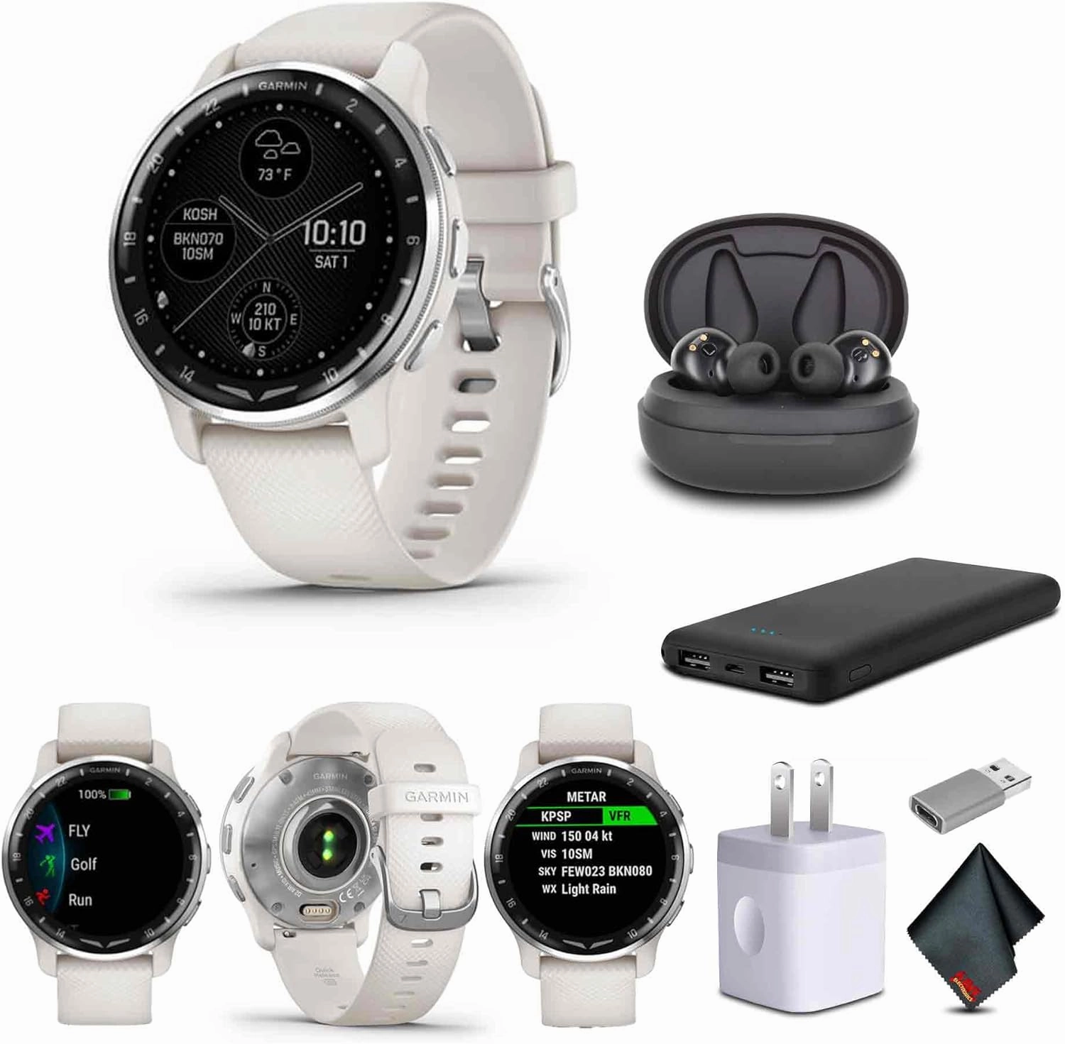 Garmin D2 Air X10 Aviator GPS Smartwatch with Call, Text, Health, Wellness and Aviation Weather Features (Ivory)   USB Wall Charger   Microfiber Cleaning Cloth   P-Bank  More