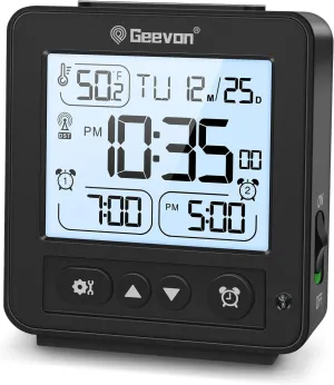 Geevon Small Digital Alarm Clock for Heavy Sleepers, Portable Travel Atomic Clock with Battery Powered, Compact Desk Table Clock with Auto Light Night, Dual Alarms, 8s Backlight for Bedroom, Black