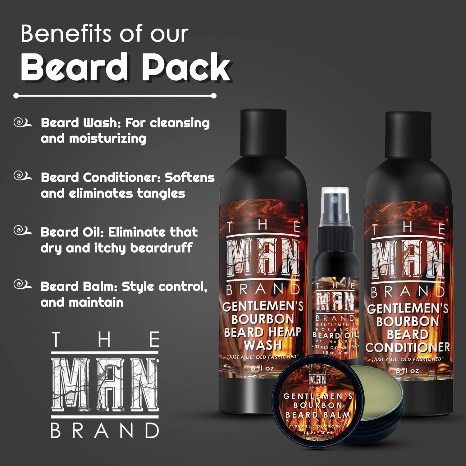 Gentlemen's Bourbon Beard Pack for Men by The Man Brand - Includes 8 oz Beard Hemp Wash, 1 oz Beard Oil, 1 oz Bourbon Beard Balm, 8 oz Beard Conditioner - Gentlemen's Bourbon Beard Grooming Kit