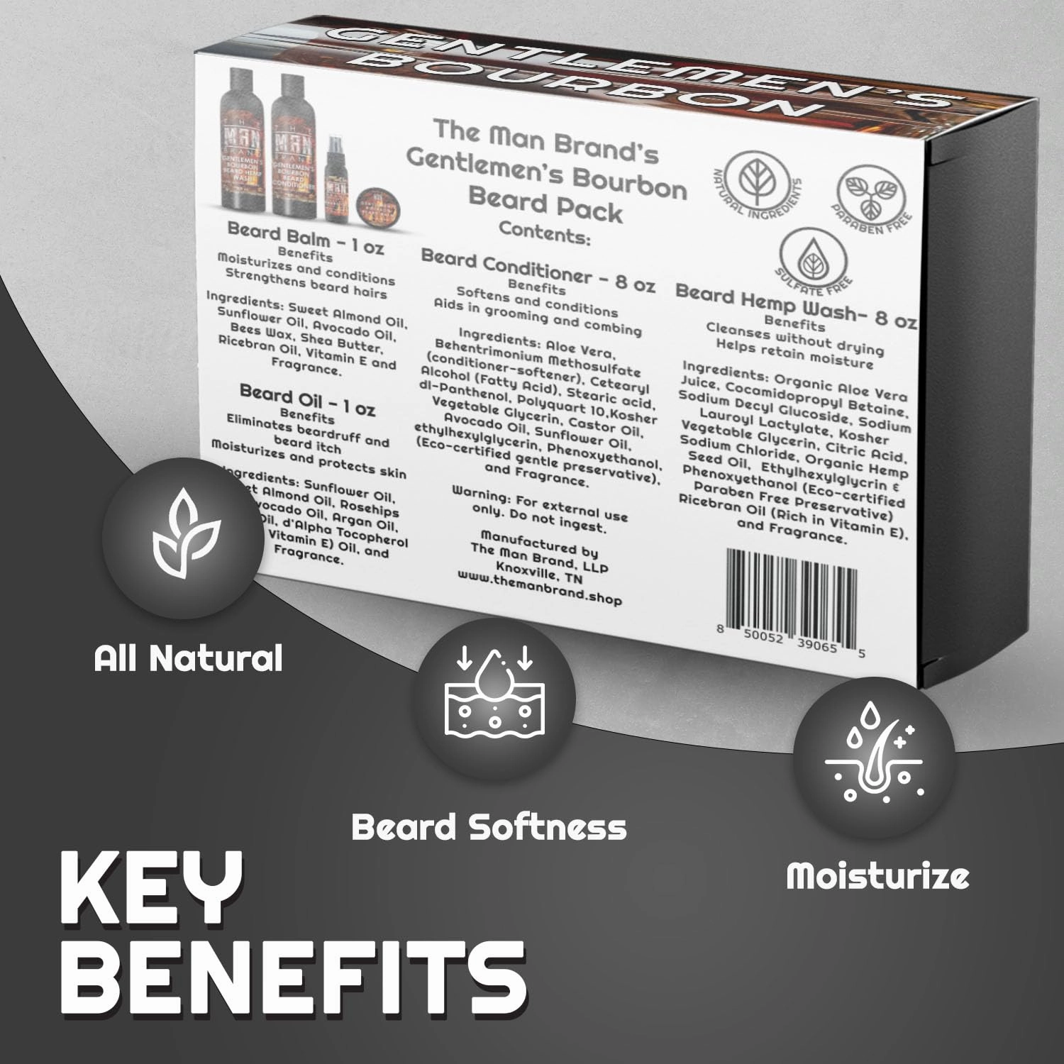 Gentlemen's Bourbon Beard Pack for Men by The Man Brand - Includes 8 oz Beard Hemp Wash, 1 oz Beard Oil, 1 oz Bourbon Beard Balm, 8 oz Beard Conditioner - Gentlemen's Bourbon Beard Grooming Kit