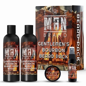 Gentlemen's Bourbon Beard Pack for Men by The Man Brand - Includes 8 oz Beard Hemp Wash, 1 oz Beard Oil, 1 oz Bourbon Beard Balm, 8 oz Beard Conditioner - Gentlemen's Bourbon Beard Grooming Kit