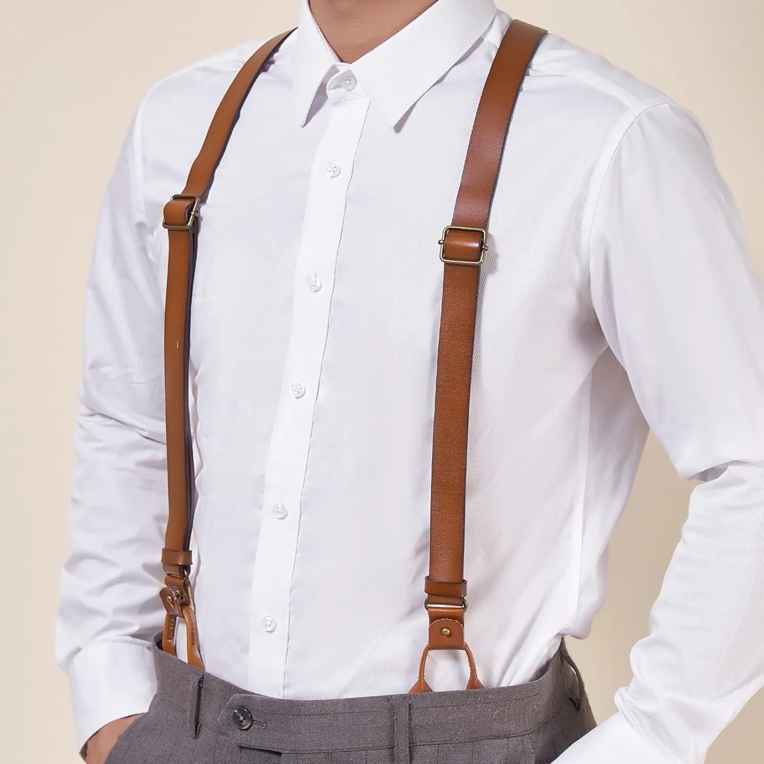 Genuine Leather Suspenders for Men Y Back Shape Adjustable Brown Wedding Groomsmen with Interchangeable Clips