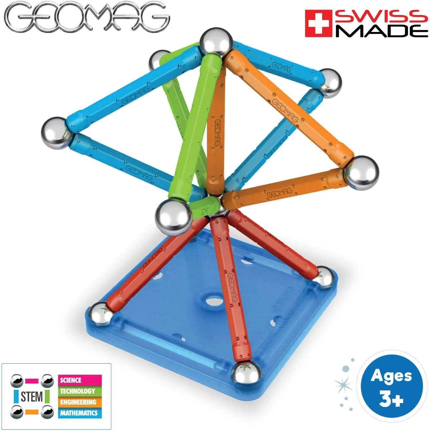 Geomag Magnetic Sticks and Balls Building Set, Magnet Toys for STEM, Creative, Educational Construction Play, Swiss-Made Innovation, Classic 35 Piece Age 3 , Light Blue, Orange, Green, red, 351