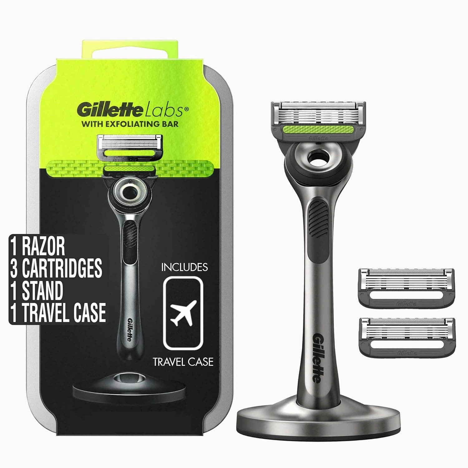 Gillette Labs with Exfoliating Bar by Gillette Mens Razor and Travel Case, Shaving Kit for Men, Storage on the Go, Includes Travel Case, 1 Handle, 3 Razor Blade Refills, and Premium Magnetic Stand