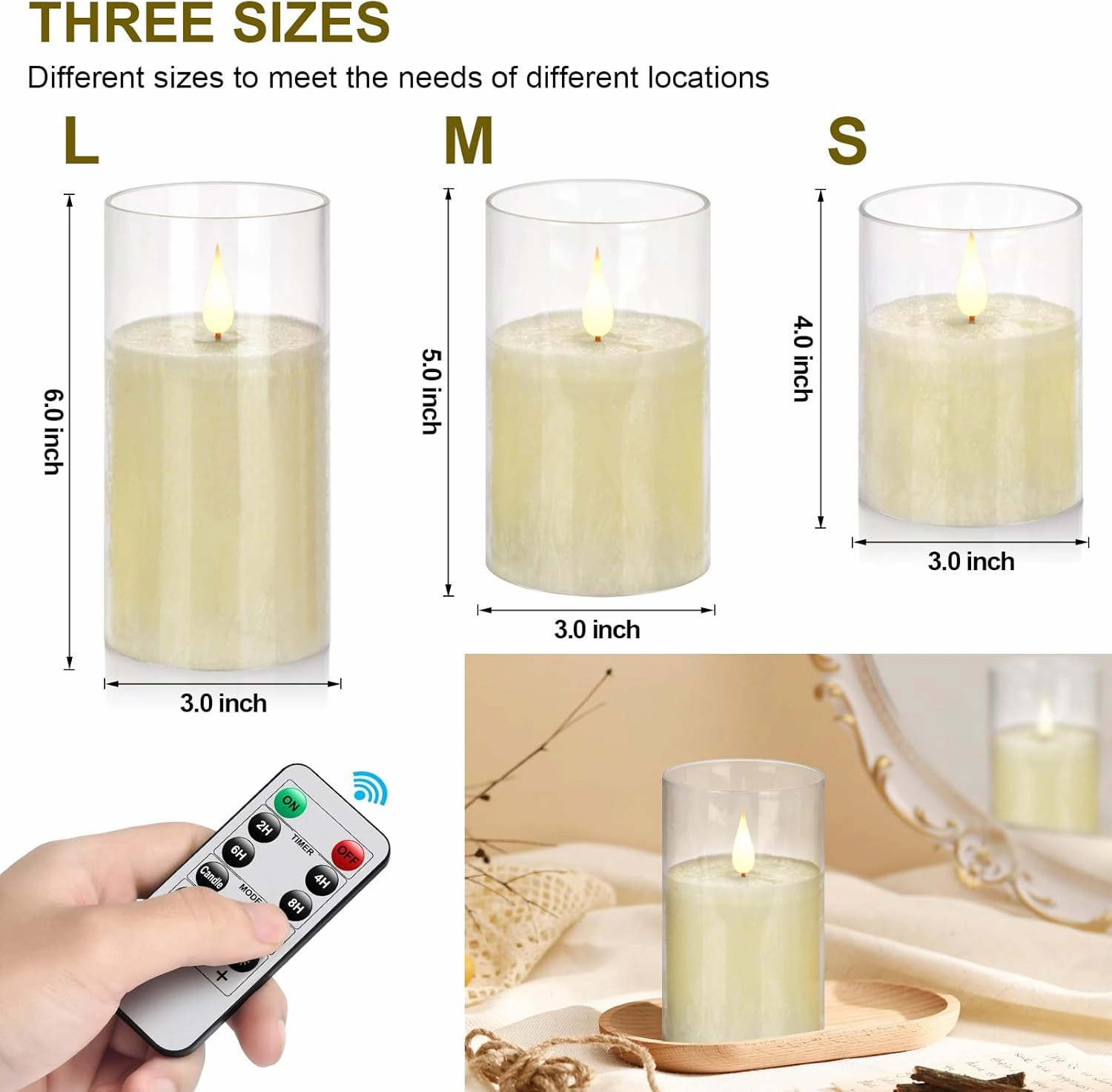 Glass Flameless Battery Operated Flickering Candles:3PACK Real Wax Pillar Candle,Electric LED Candle with 10-Key Remote Control and 24 Hours Timer for Home Decoration Holiday Party (‎Ivory)