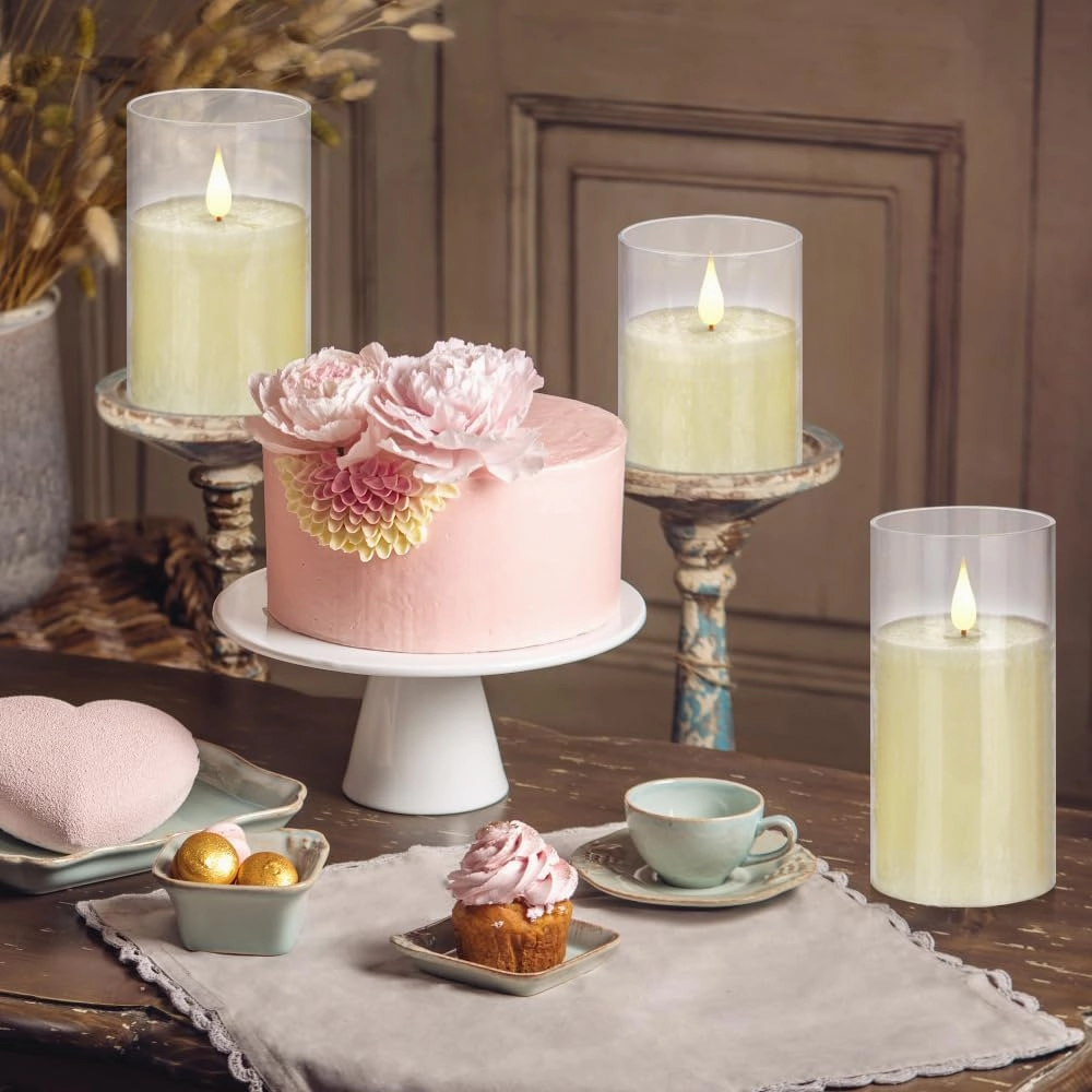 Glass Flameless Battery Operated Flickering Candles:3PACK Real Wax Pillar Candle,Electric LED Candle with 10-Key Remote Control and 24 Hours Timer for Home Decoration Holiday Party (‎Ivory)